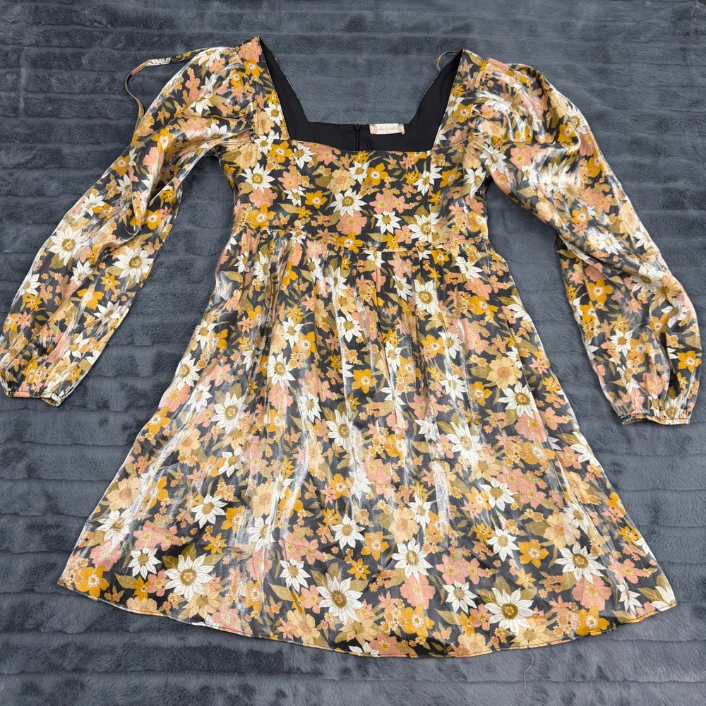 Altar'd State Retro Floral Metallic Mini Dress Square Neck Balloon Sleeve M